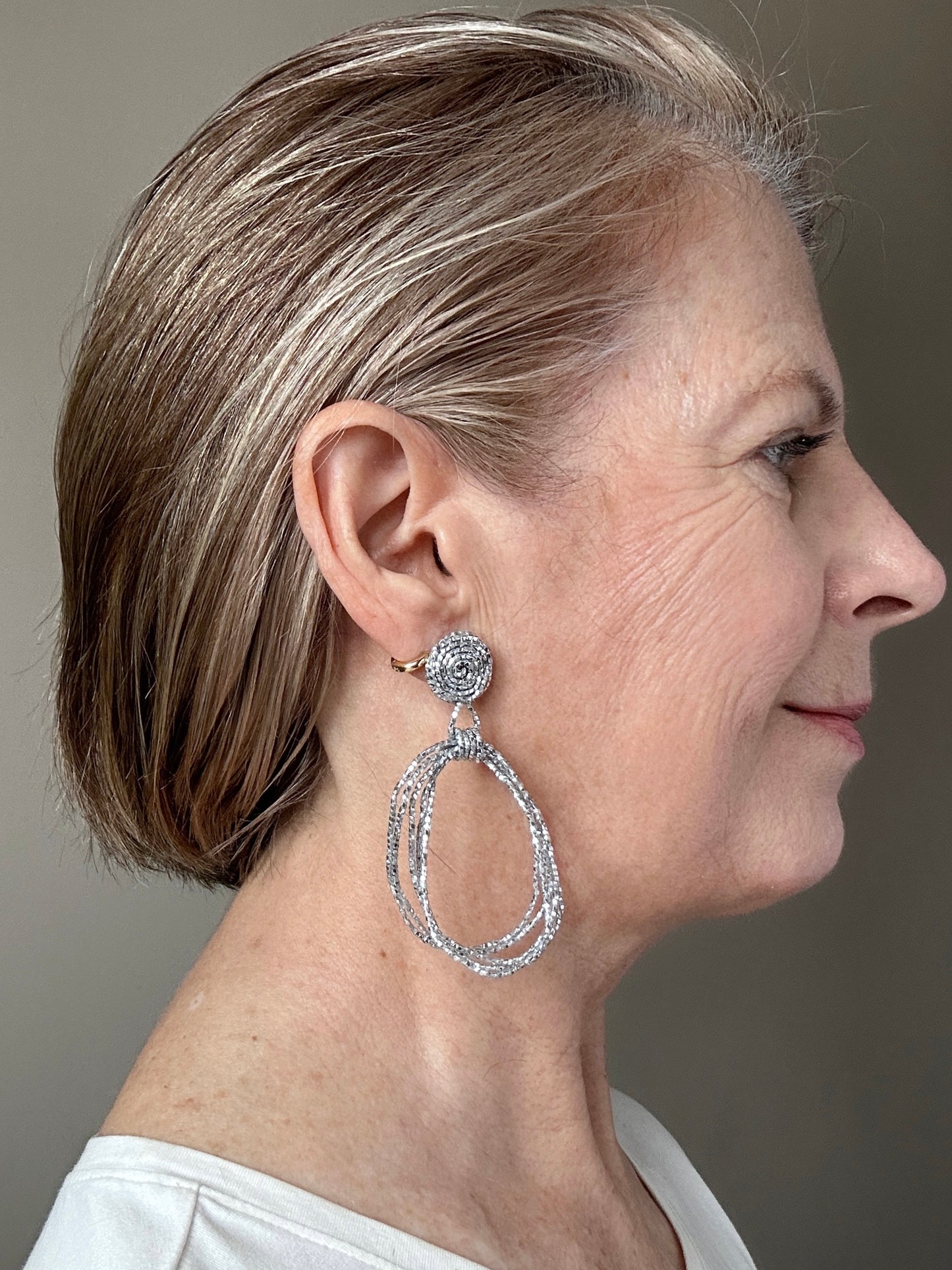 Silver beaded cord loop earrings