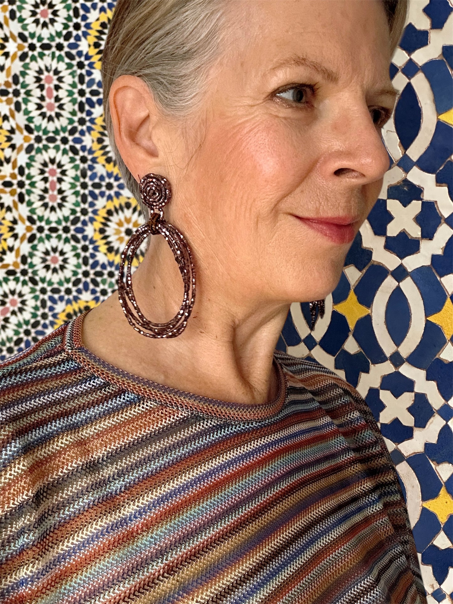 Brown beaded cord loop earrings