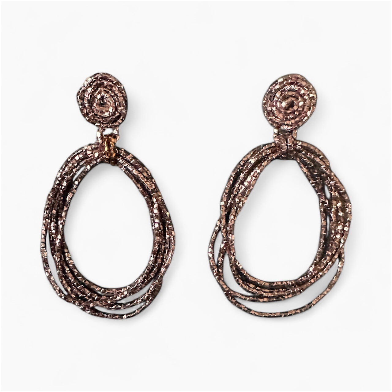 Brown beaded cord loop earrings